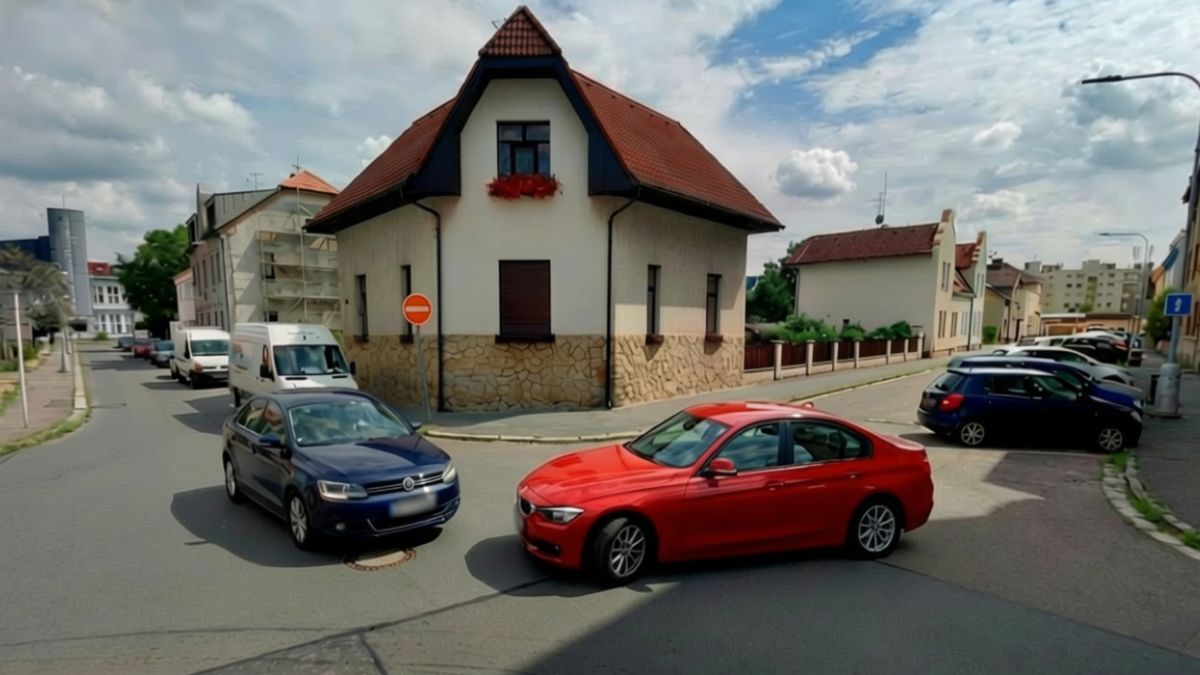 V křižovatce neměl co dělat a stejně byl poškozený. Podivná situace z jednosměrky na první pohled smysl nedává